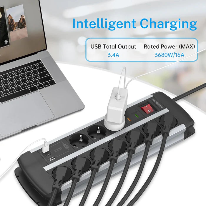 UCOMEN 10 OUTLET HEAVY DUTY POWER STRIP, 2 USB-A + 1 USB-C PORT (20W QUICK CHARGE), SURGE PROTECTOR, 3680W 16A, 1.5M CABLE