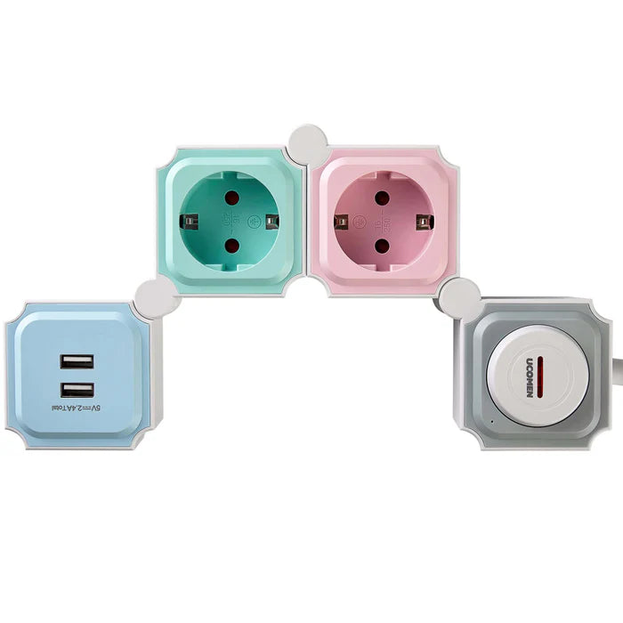 UCOMEN 2-OUTLET FLEXIBLE POWER STRIP, 180-DEGREE ROTATABLE, 2 USB PORTS, 3680W 16A
