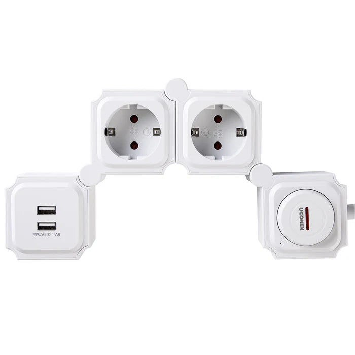 UCOMEN 2-OUTLET FLEXIBLE POWER STRIP, 180-DEGREE ROTATABLE, 2 USB PORTS, 3680W 16A