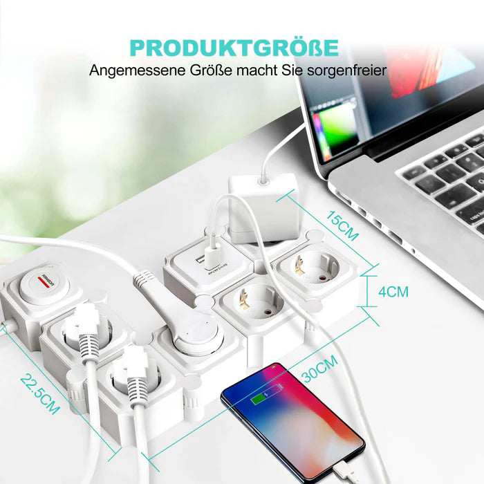 UCOMEN 6-OUTLET POWER STRIP, 180-DEGREE ROTATABLE, 2 USB PORTS, 3680W 16A, BLACK&WHITE