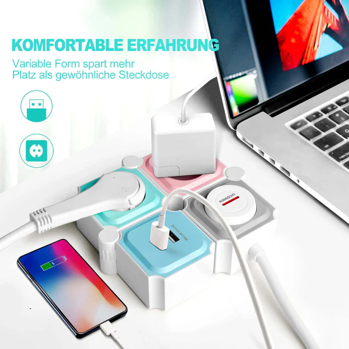 UCOMEN 2-OUTLET FLEXIBLE POWER STRIP, 180-DEGREE ROTATABLE, 2 USB PORTS, 3680W 16A