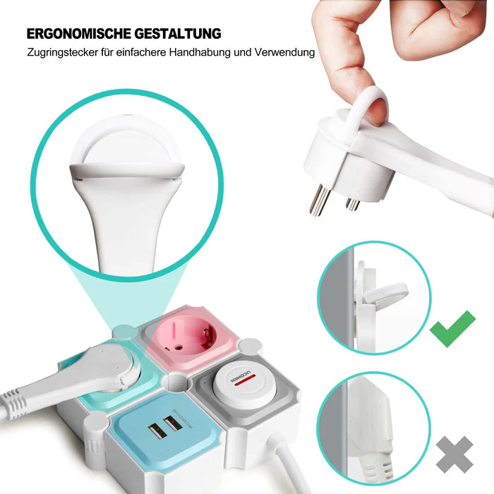 UCOMEN 2-OUTLET FLEXIBLE POWER STRIP, 180-DEGREE ROTATABLE, 2 USB PORTS, 3680W 16A