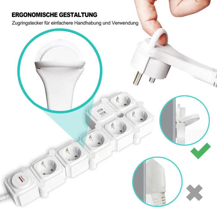 UCOMEN 6-OUTLET POWER STRIP, 180-DEGREE ROTATABLE, 2 USB PORTS, 3680W 16A, BLACK&WHITE