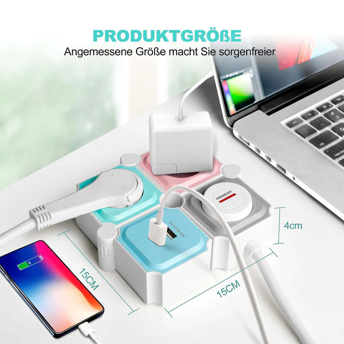 UCOMEN 2-OUTLET FLEXIBLE POWER STRIP, 180-DEGREE ROTATABLE, 2 USB PORTS, 3680W 16A