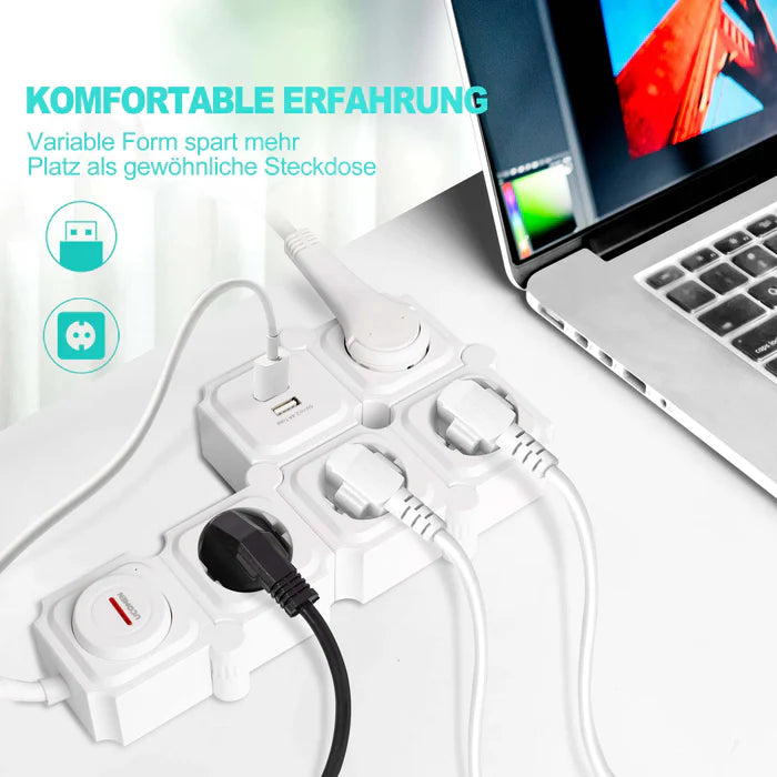 UCOMEN 4-OUTLET POWER STRIP, 180-DEGREE ROTATABLE, 2 USB PORTS, 3680W 16A, BLACK&WHITE