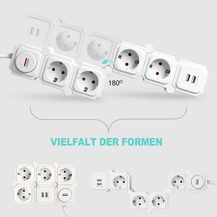UCOMEN 4-OUTLET POWER STRIP, 180-DEGREE ROTATABLE, 2 USB PORTS, 3680W 16A, BLACK&WHITE