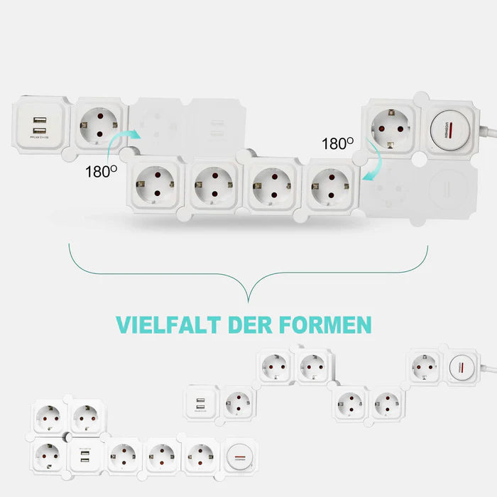 UCOMEN 6-OUTLET POWER STRIP, 180-DEGREE ROTATABLE, 2 USB PORTS, 3680W 16A, BLACK&WHITE