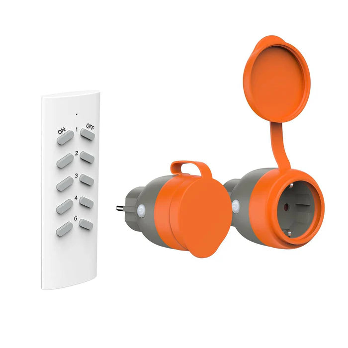 UCOMEN OUTDOOR REMOTE CONTROL SOCKET BUNDLE, 2 IP44 SOCKETS + 1 REMOTE CONTROLLER, PROGRAMMABLE REMOTE CONTROL SET, 16A/3680W