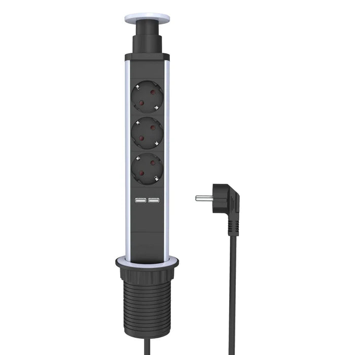 UCOMEN RETRACTABLE POWER TOWER, DESKTOP POWER,3 OUTLET, 2 USB-A, 2M CABLE