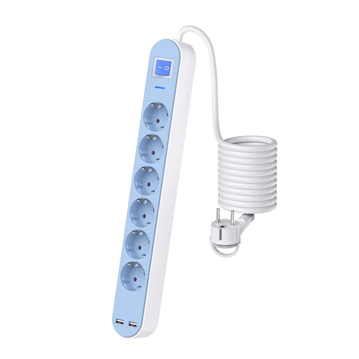 UCOMEN 4/6-OUTLET POWER STRIP,FLAT RING-PLUG, ENHANCED CHILD PROTECTION, 1.5M CABLE, BLACK/BLUE