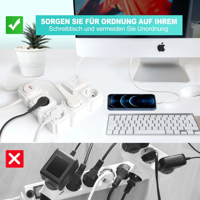 UCOMEN 4-OUTLET POWER STRIP, 180-DEGREE ROTATABLE, 2 USB PORTS, 3680W 16A, BLACK&WHITE