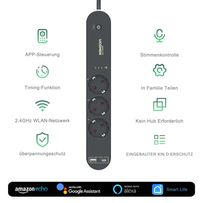 UCOMEN 3-OUTLET WIFI SMART POWER STRIP WITH USB A+C 17W FAST CHARGE, 1.5M CABLE, 3680W, 16A