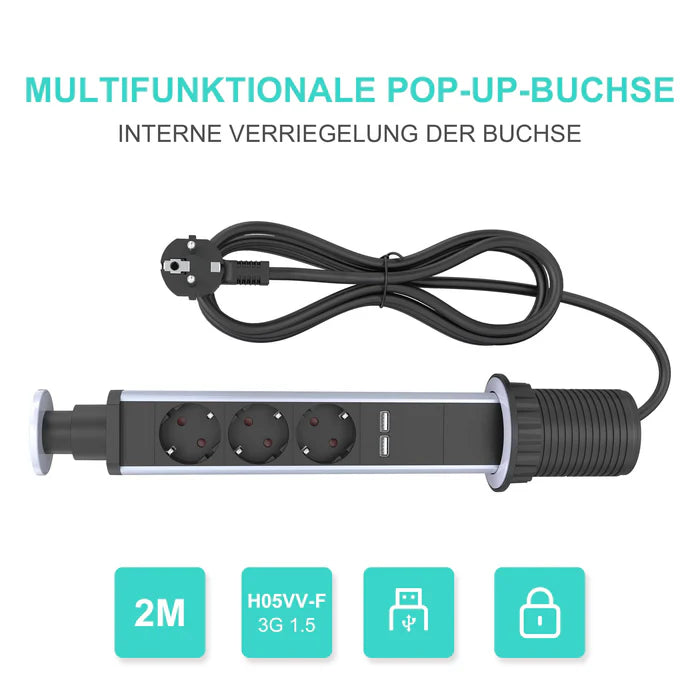 UCOMEN RETRACTABLE POWER TOWER, DESKTOP POWER,3 OUTLET, 2 USB-A, 2M CABLE