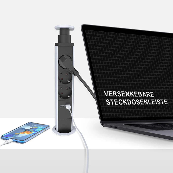 UCOMEN RETRACTABLE POWER TOWER, DESKTOP POWER,3 OUTLET, 2 USB-A, 2M CABLE