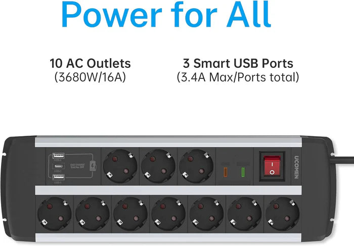 UCOMEN 10 OUTLET HEAVY DUTY POWER STRIP, 2 USB-A + 1 USB-C PORT (20W QUICK CHARGE), SURGE PROTECTOR, 3680W 16A, 1.5M CABLE