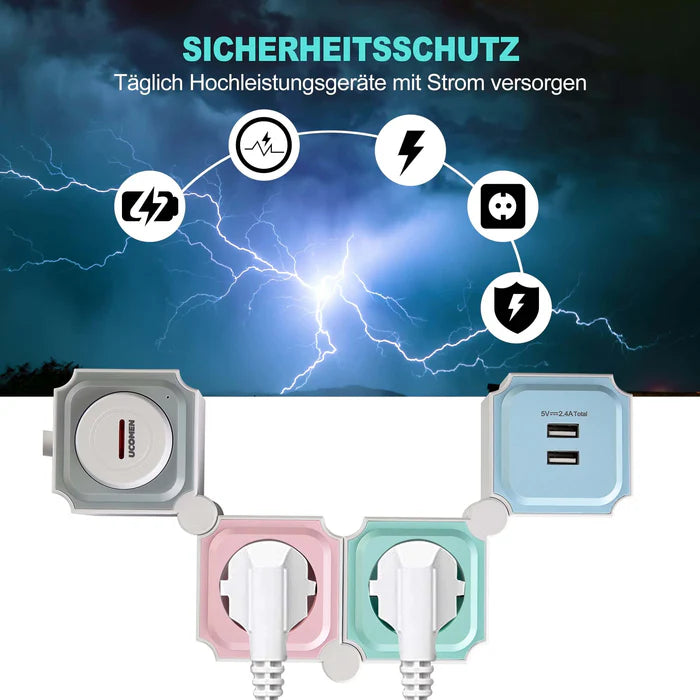 UCOMEN 2-OUTLET FLEXIBLE POWER STRIP, 180-DEGREE ROTATABLE, 2 USB PORTS, 3680W 16A