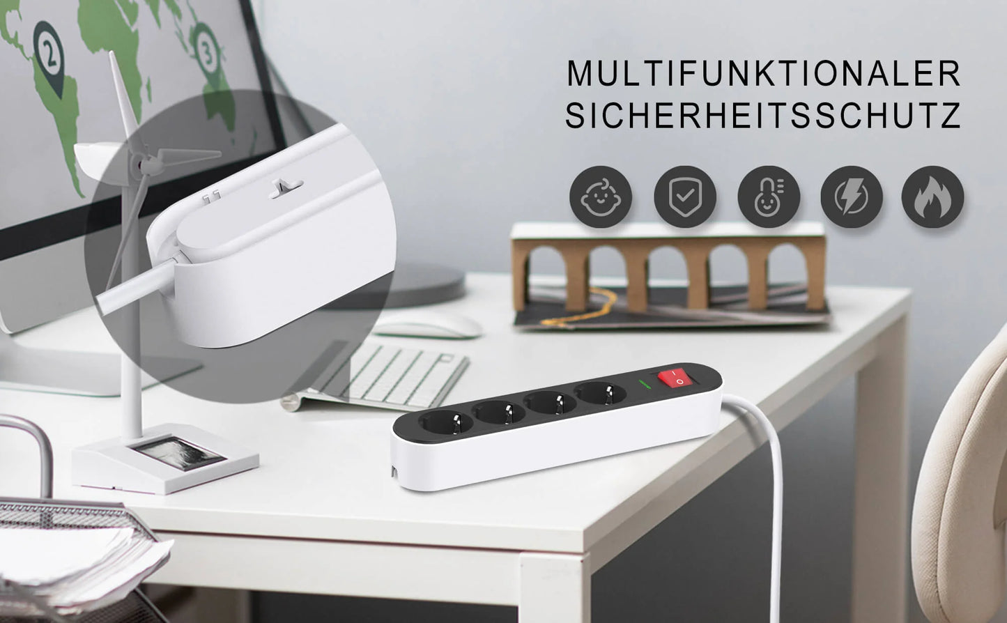 UCOMEN 4/6-OUTLET POWER STRIP,FLAT RING-PLUG, ENHANCED CHILD PROTECTION, 1.5M CABLE, BLACK/BLUE