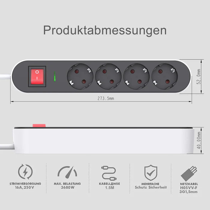 UCOMEN 4/6-OUTLET POWER STRIP,FLAT RING-PLUG, ENHANCED CHILD PROTECTION, 1.5M CABLE, BLACK/BLUE